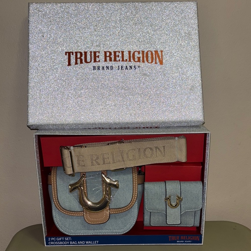 True Religion Blue and Tan Crossbody Bag with Metallic Accents